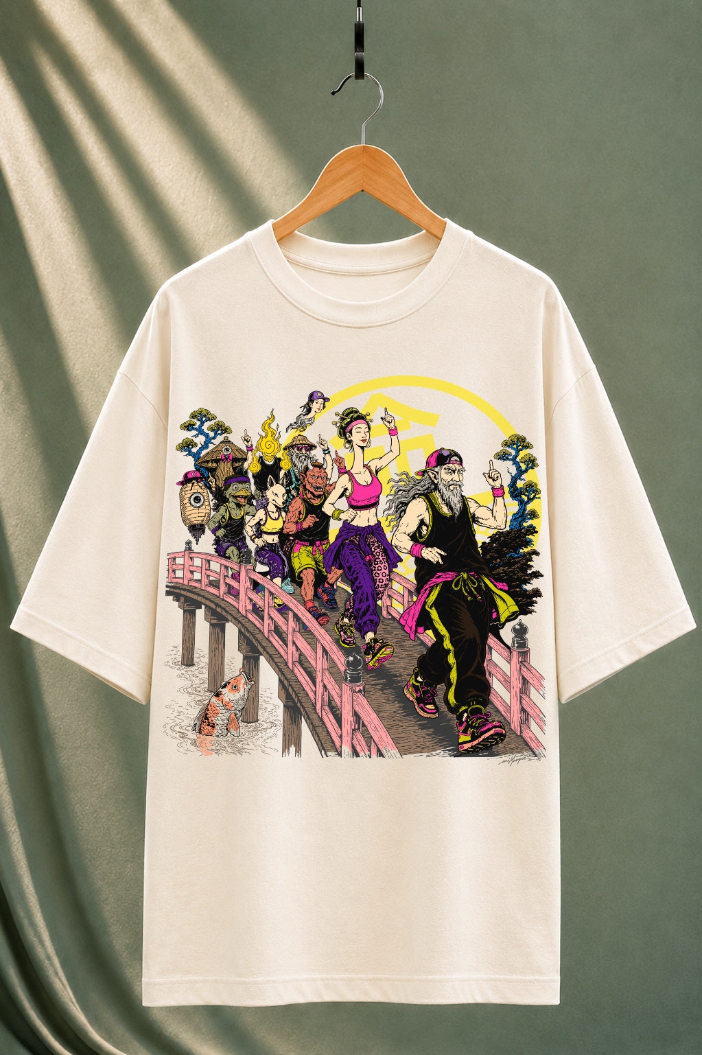 Front view of Mild Popie's March of Yokai premium oversized graphic T-shirt featuring original Japanese Yokai-inspired artwork on an off-white 240 GSM cotton tee.