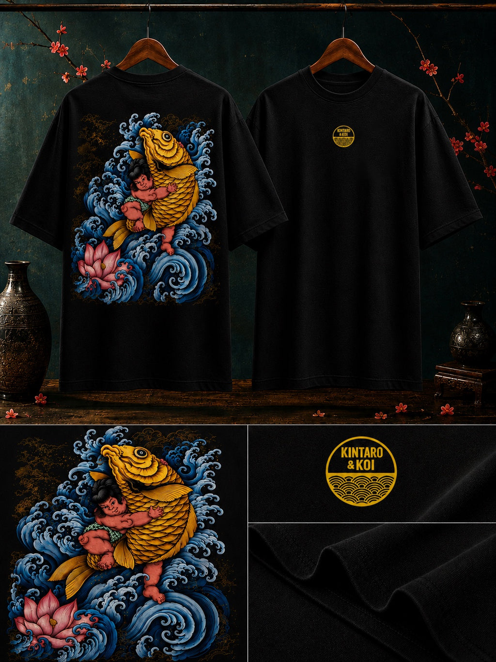 Close-up of Kintaro and koi fish artwork with ocean waves and lotus elements on oversized t-shirt in black – Mild Popie