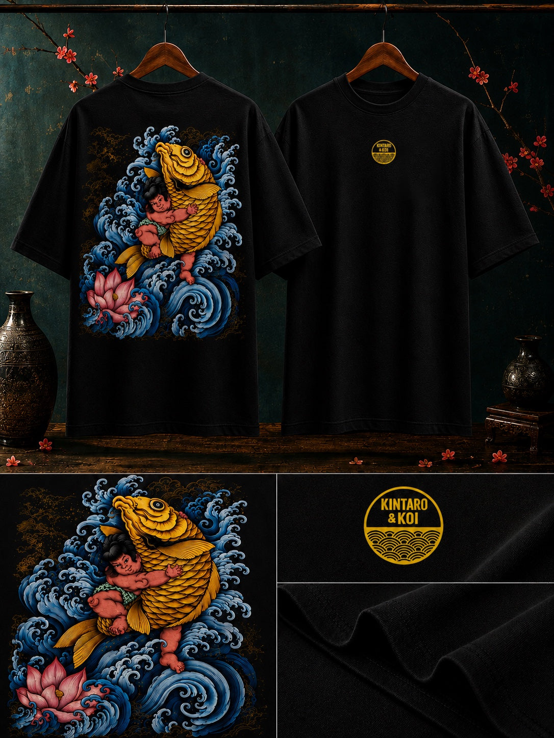 Close-up of Kintaro and koi fish artwork with ocean waves and lotus elements on oversized t-shirt in black – Mild Popie