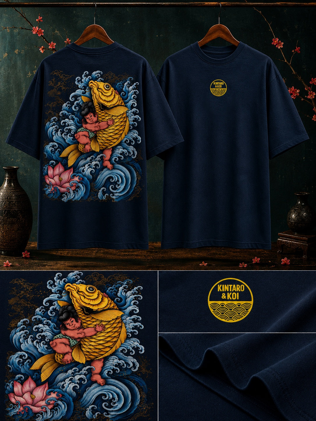 Close-up of Kintaro and koi fish artwork with ocean waves and lotus elements on oversized t-shirt in Navy Blue – Mild Popie