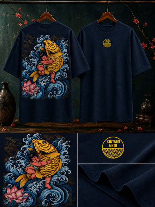 Close-up of Kintaro and koi fish artwork with ocean waves and lotus elements on oversized t-shirt in Navy Blue – Mild Popie