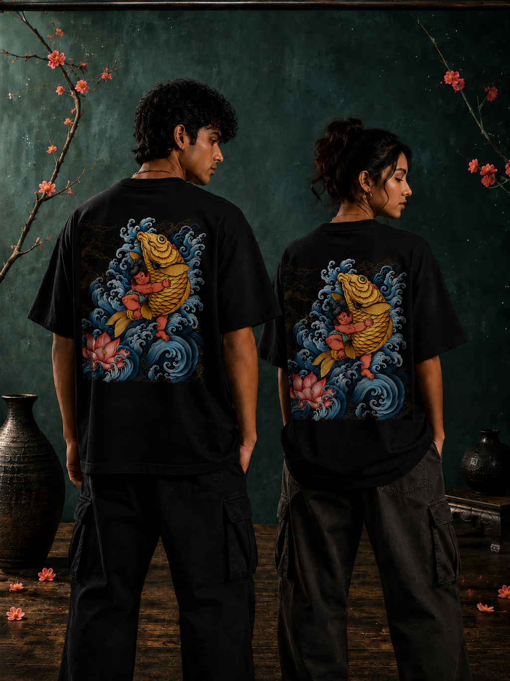Male and female models wearing Kintaro & Koi oversized t-shirt in black with large back artwork inspired by Japanese mythology – Mild Popie