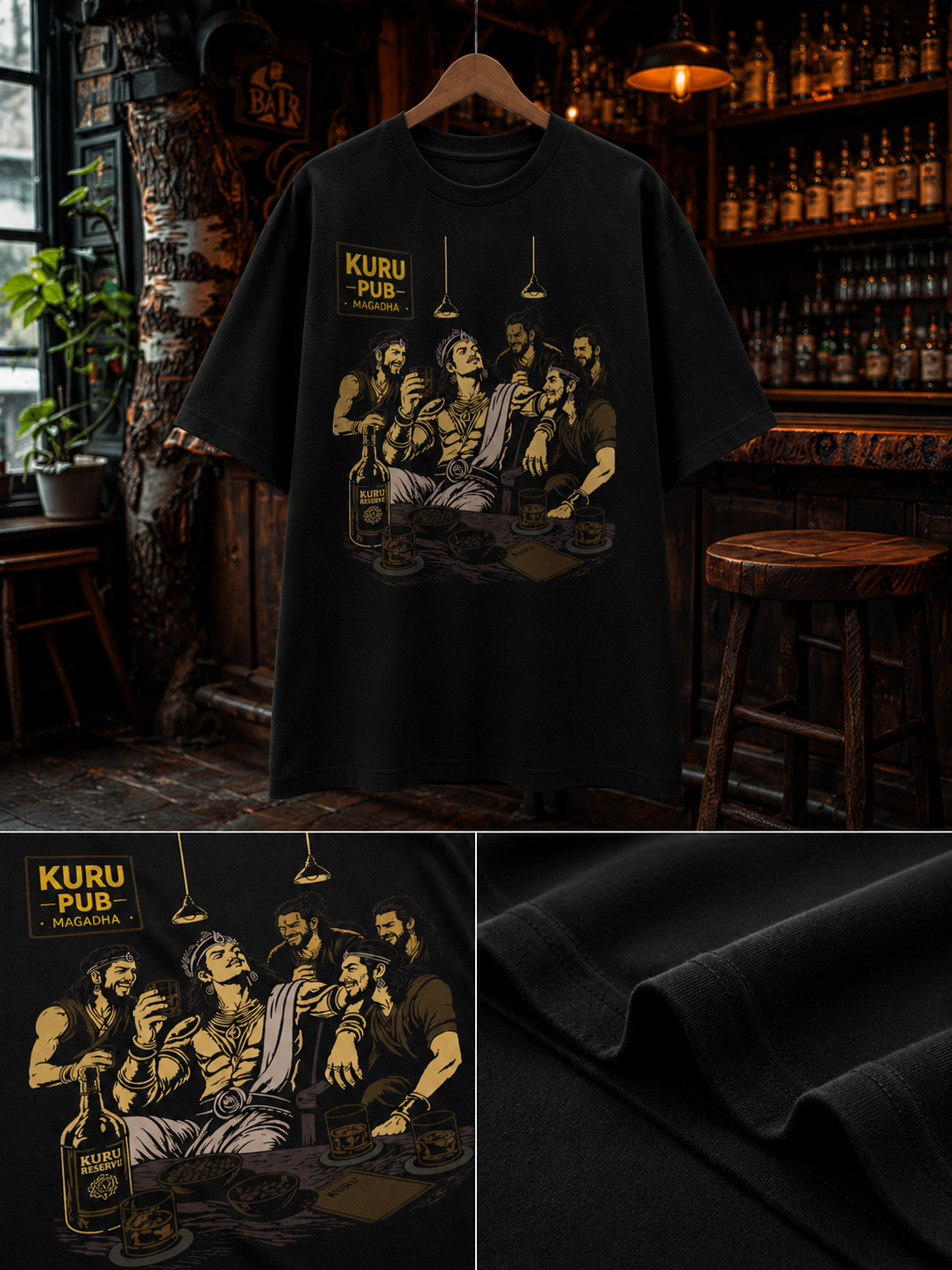 Close-up of Kuru Pub artwork depicting warriors sharing drinks before battle on oversized t-shirt in black – Mild Popie