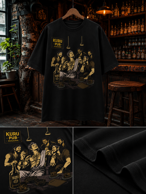 Close-up of Kuru Pub artwork depicting warriors sharing drinks before battle on oversized t-shirt in black – Mild Popie