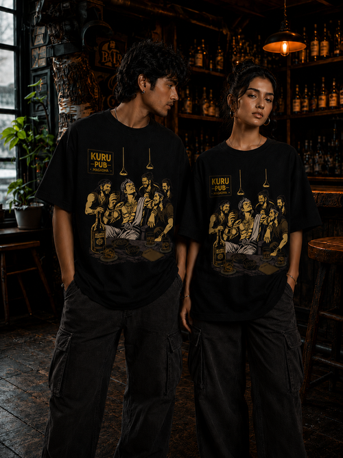Male and female models wearing Kuru Pub oversized t-shirt in black featuring Magadha & Kurukshetra warrior artwork – Mild Popie