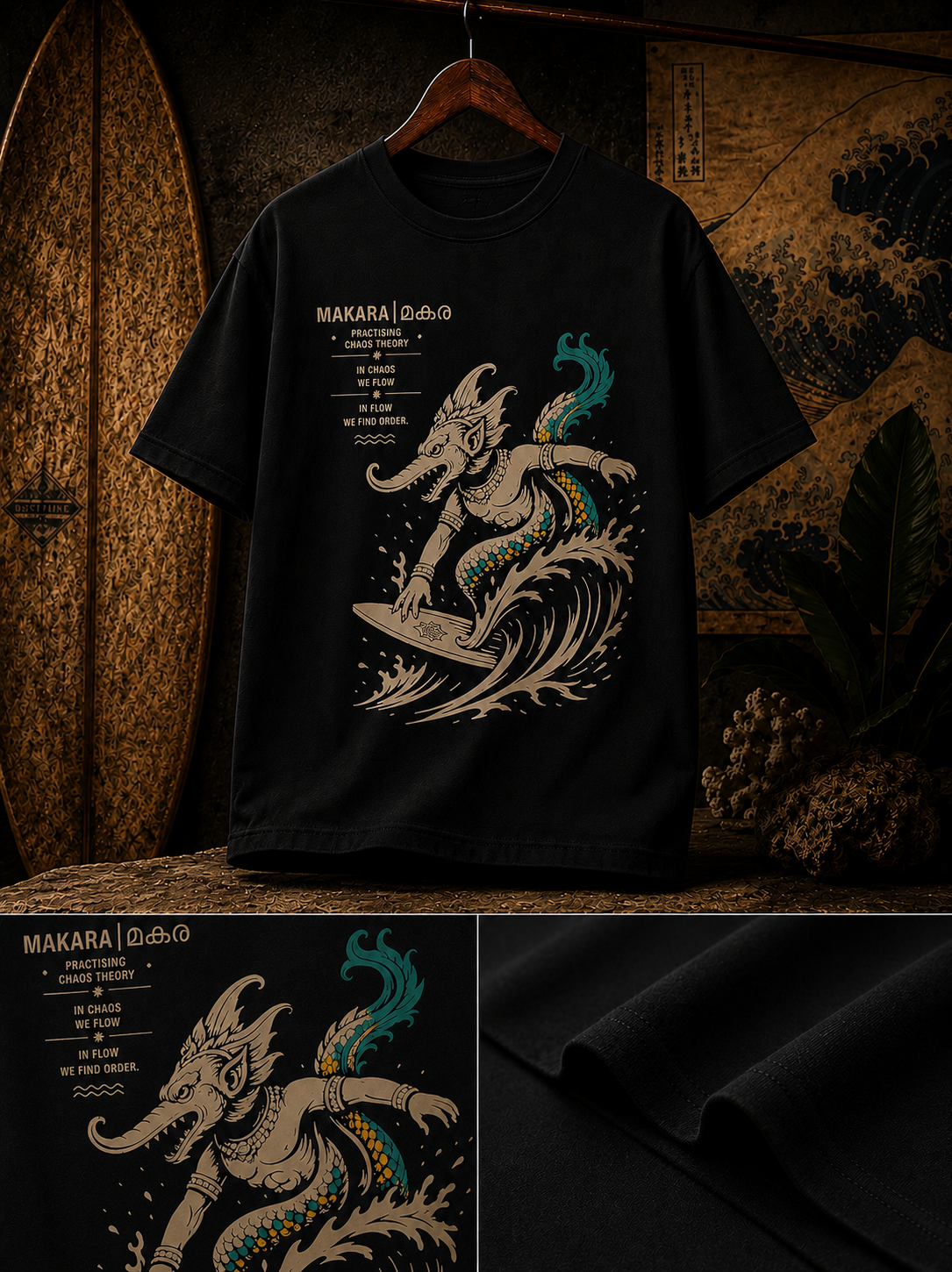 Close-up of Makara surfing artwork with ocean waves on regular fit t-shirt in black – Mild Popie