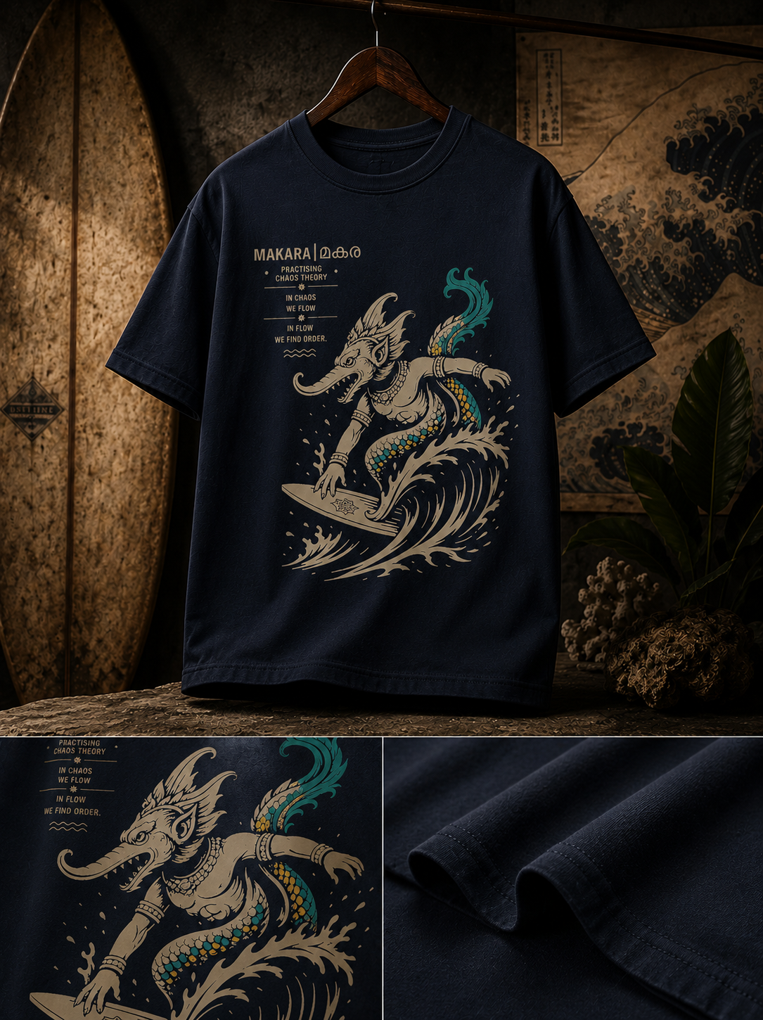 Close-up of Makara surfing artwork with ocean waves on regular fit t-shirt in Navy blue – Mild Popie