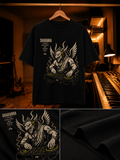 Close-up of Sharabha DJ artwork with turntables and studio elements on regular fit t-shirt in black – Mild Popie