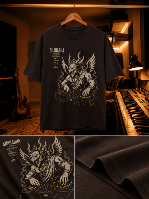 Close-up of Sharabha DJ artwork with turntables and studio elements on regular fit t-shirt in coffee brown – Mild Popie