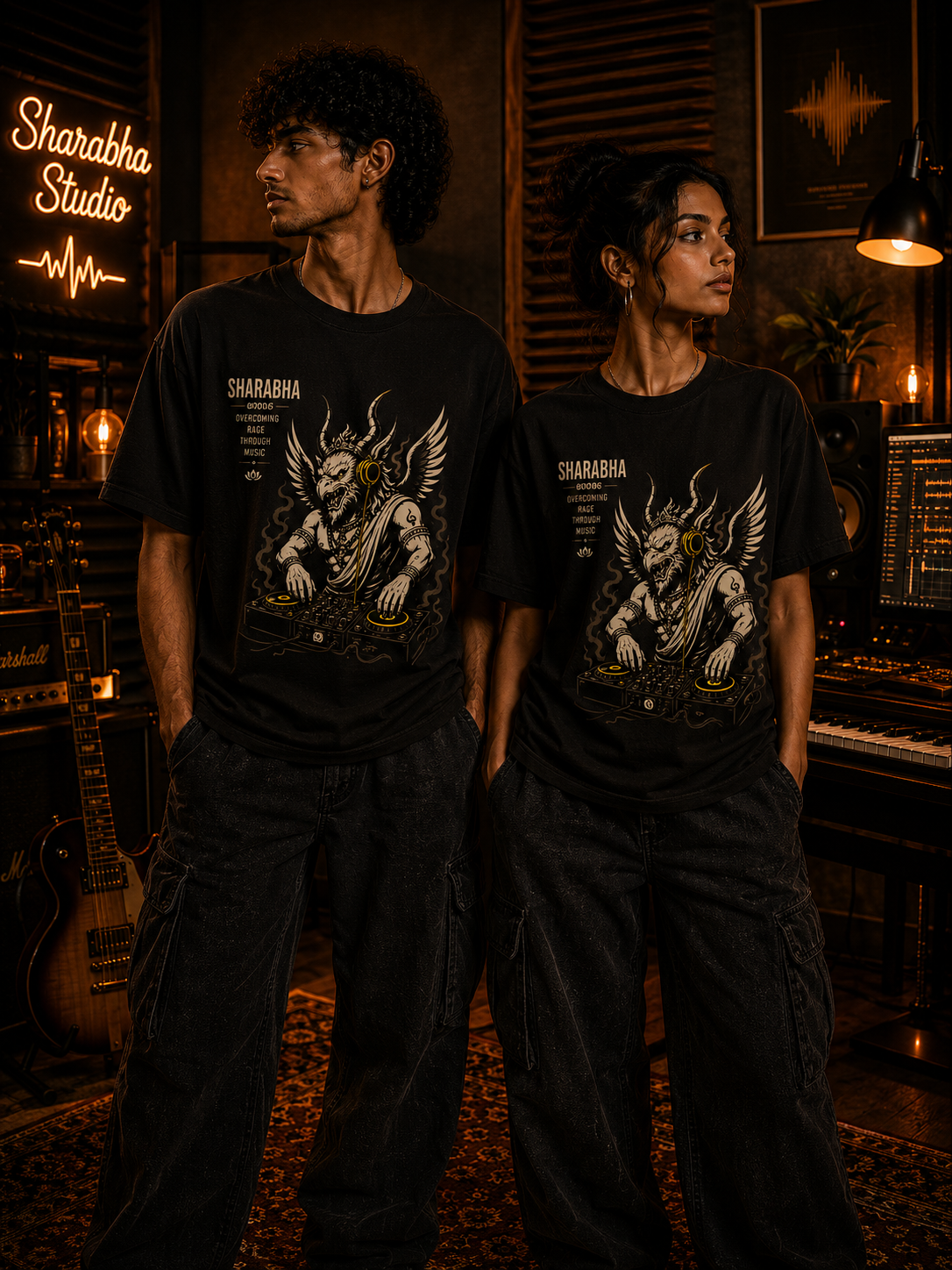 Male and female models wearing Sharabha Soundwave regular fit t-shirt in coffee brown with mythology-inspired music studio artwork – Mild Popie
