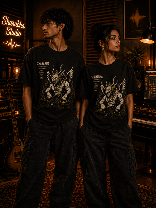 Male and female models wearing Sharabha Soundwave regular fit t-shirt in coffee brown with mythology-inspired music studio artwork – Mild Popie