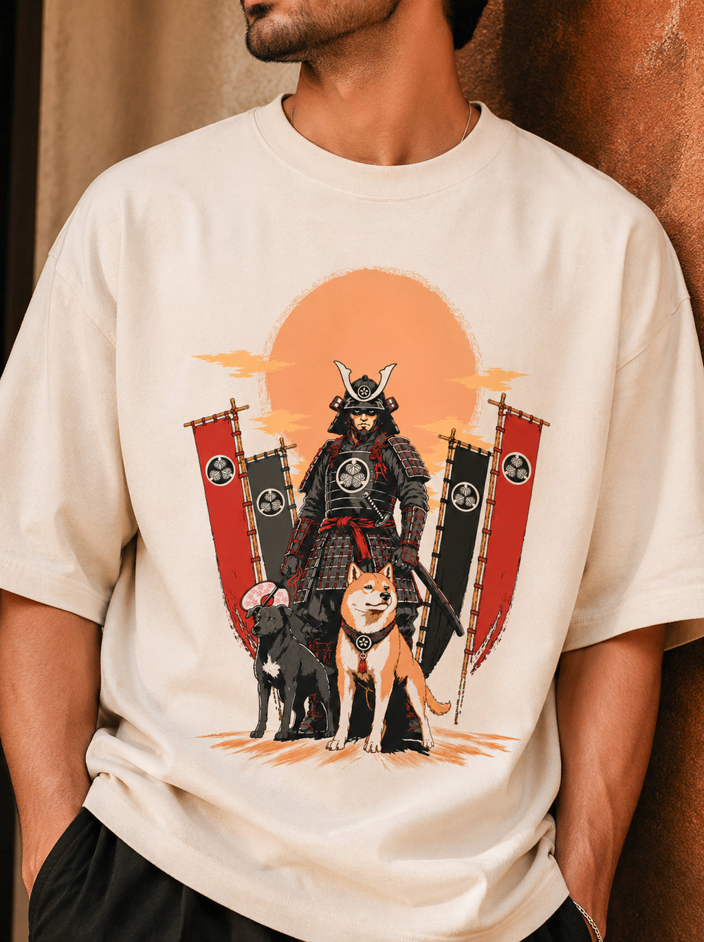 Dog Shogun oversized graphic t-shirt featuring a samurai-inspired warrior and loyal dog, inspired by Tokugawa Tsunayoshi, Japanese folklore, and the Laws of Compassion for Living Things.