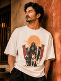 Dog Shogun oversized graphic t-shirt featuring a samurai-inspired warrior and loyal dog, inspired by Tokugawa Tsunayoshi, Japanese folklore, and the Laws of Compassion for Living Things.