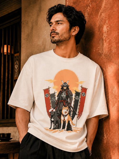 Dog Shogun oversized graphic t-shirt featuring a samurai-inspired warrior and loyal dog, inspired by Tokugawa Tsunayoshi, Japanese folklore, and the Laws of Compassion for Living Things.