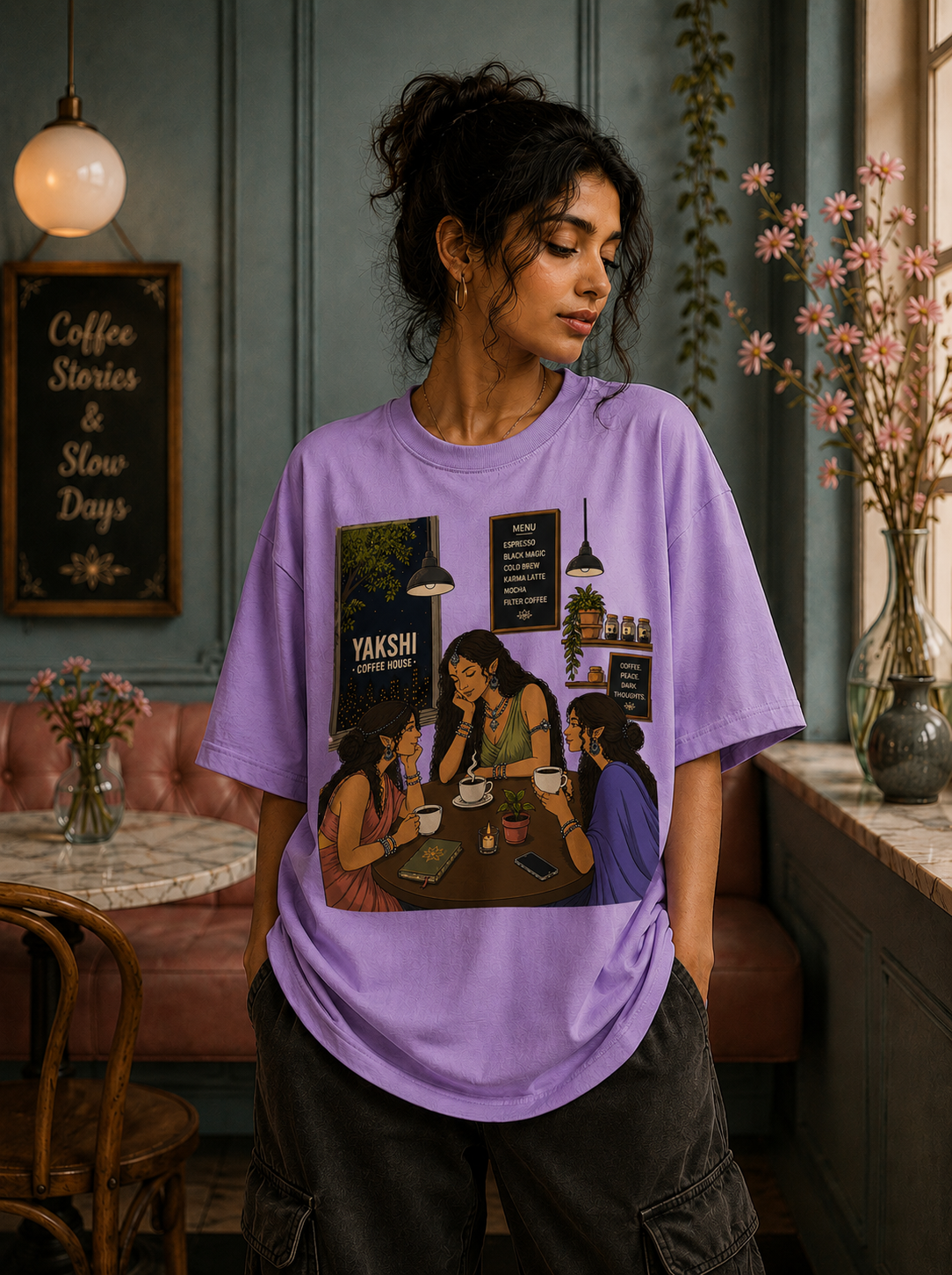 Female model wearing Yakshi Coffee House oversized t-shirt in Lavender with coffee shop inspired artwork – Mild Popie