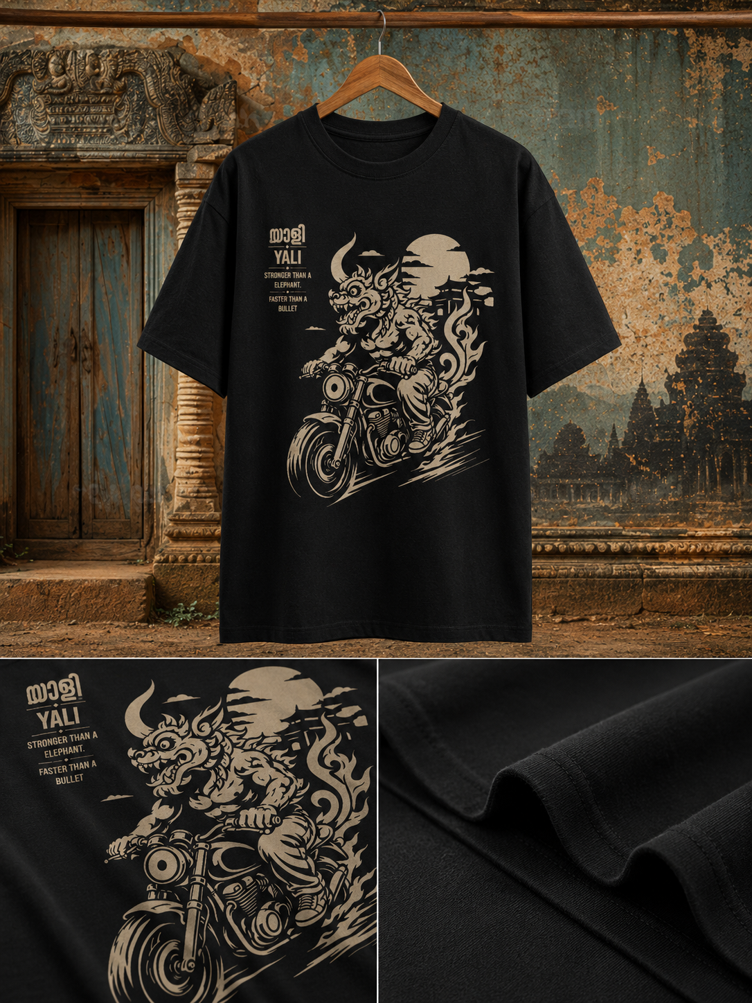 Close-up of Yali rider artwork with motorcycle and temple-inspired elements on regular fit t-shirt in black – Mild Popie