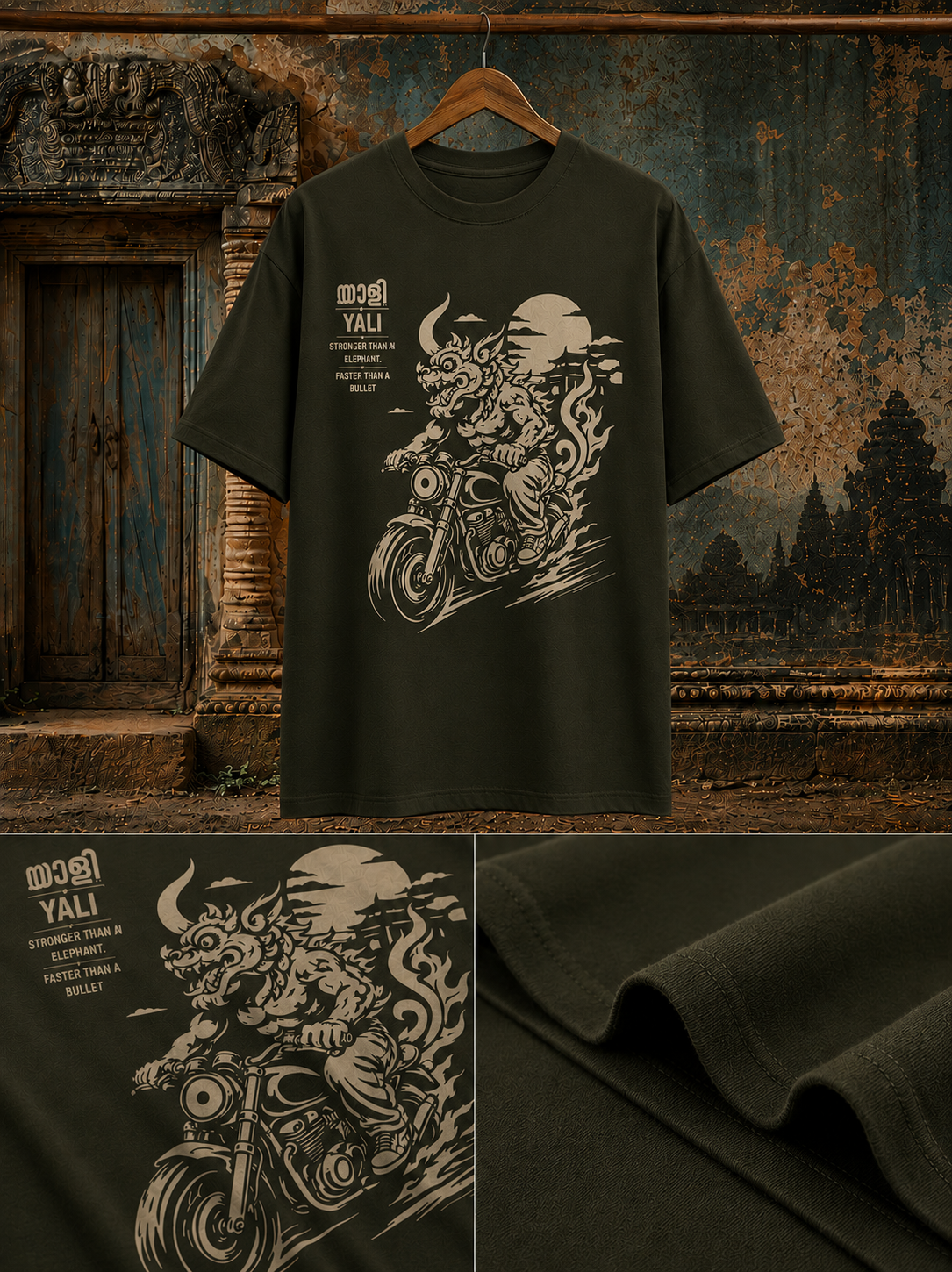 Close-up of Yali rider artwork with motorcycle and temple-inspired elements on regular fit t-shirt in olive green – Mild Popie
