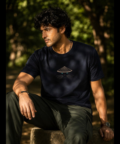 "Front view of the Guardian Neko Japanese Cat Samurai regular fit t-shirt in navy blue featuring a minimalist straw hat and cat eyes chest graphic inspired by Japanese culture."