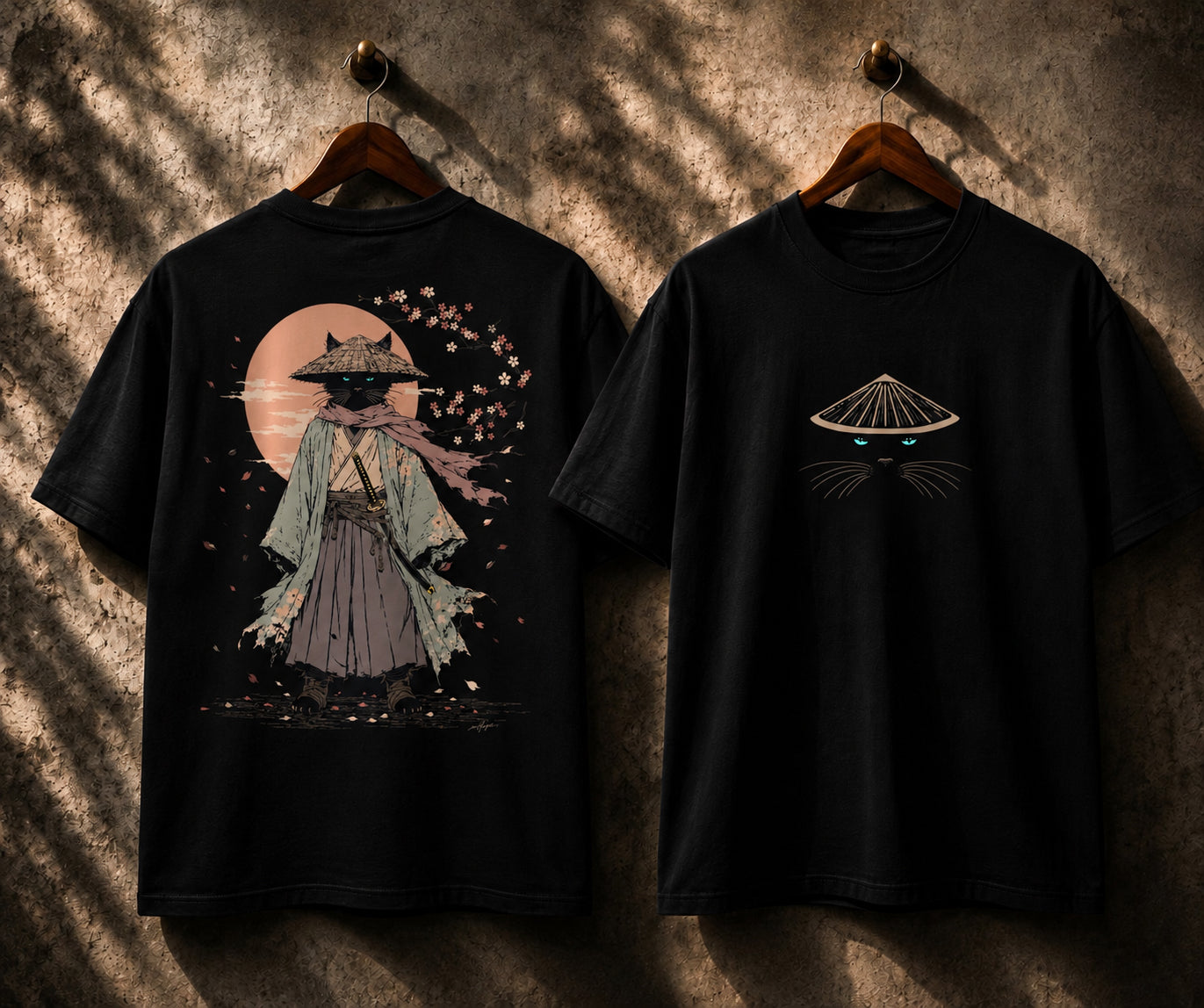 "Front and back view of the Guardian Neko Japanese Cat Samurai regular fit t-shirt in black featuring a minimalist hidden cat eyes chest graphic and a Japanese-inspired cat samurai back print with flowing robes and sakura petals."