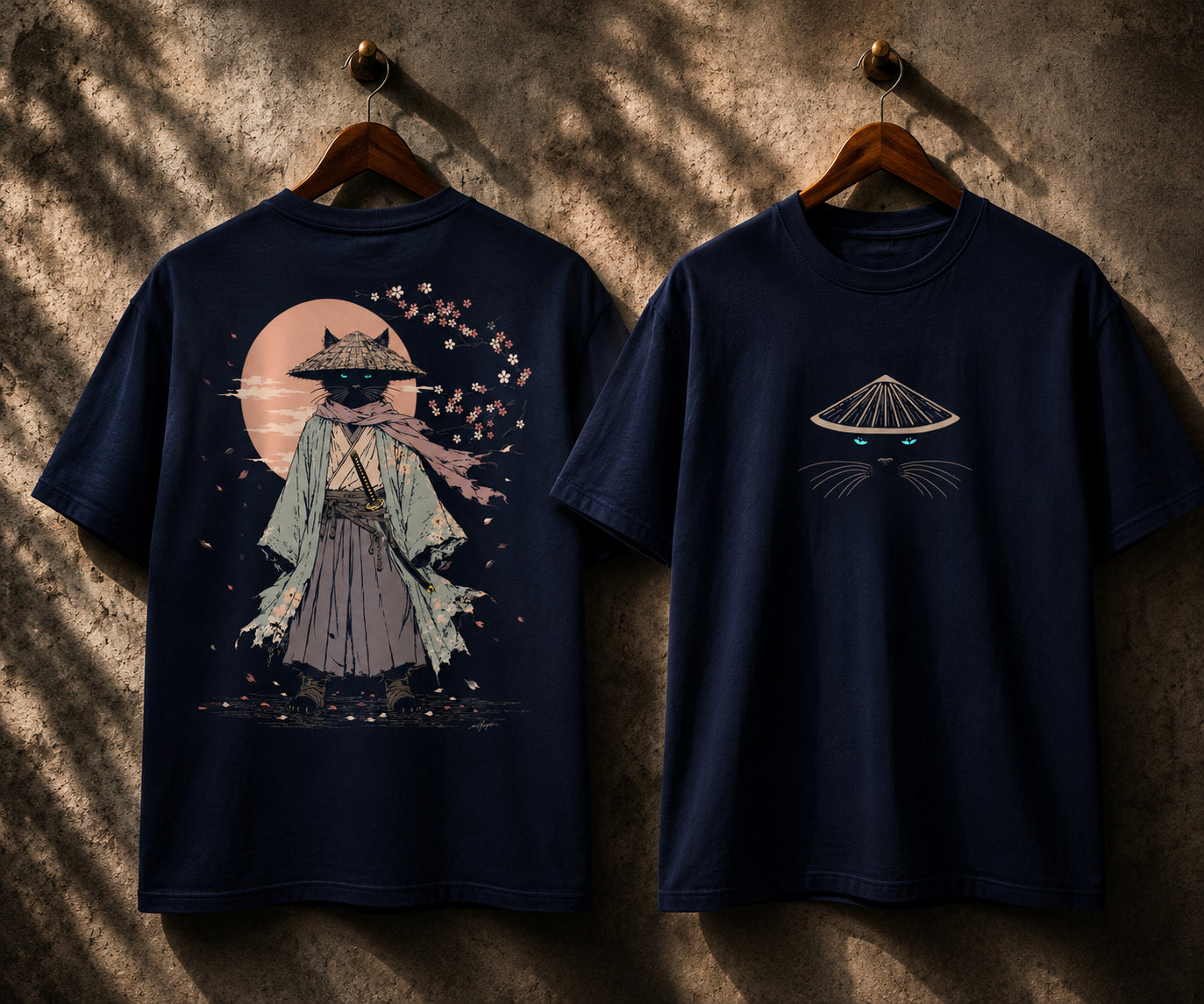 "Guardian Neko Japanese Cat Samurai regular fit t-shirt in navy blue featuring a minimalist straw hat chest graphic on the front and a Japanese-inspired cat samurai artwork with sakura blossoms on the back print."