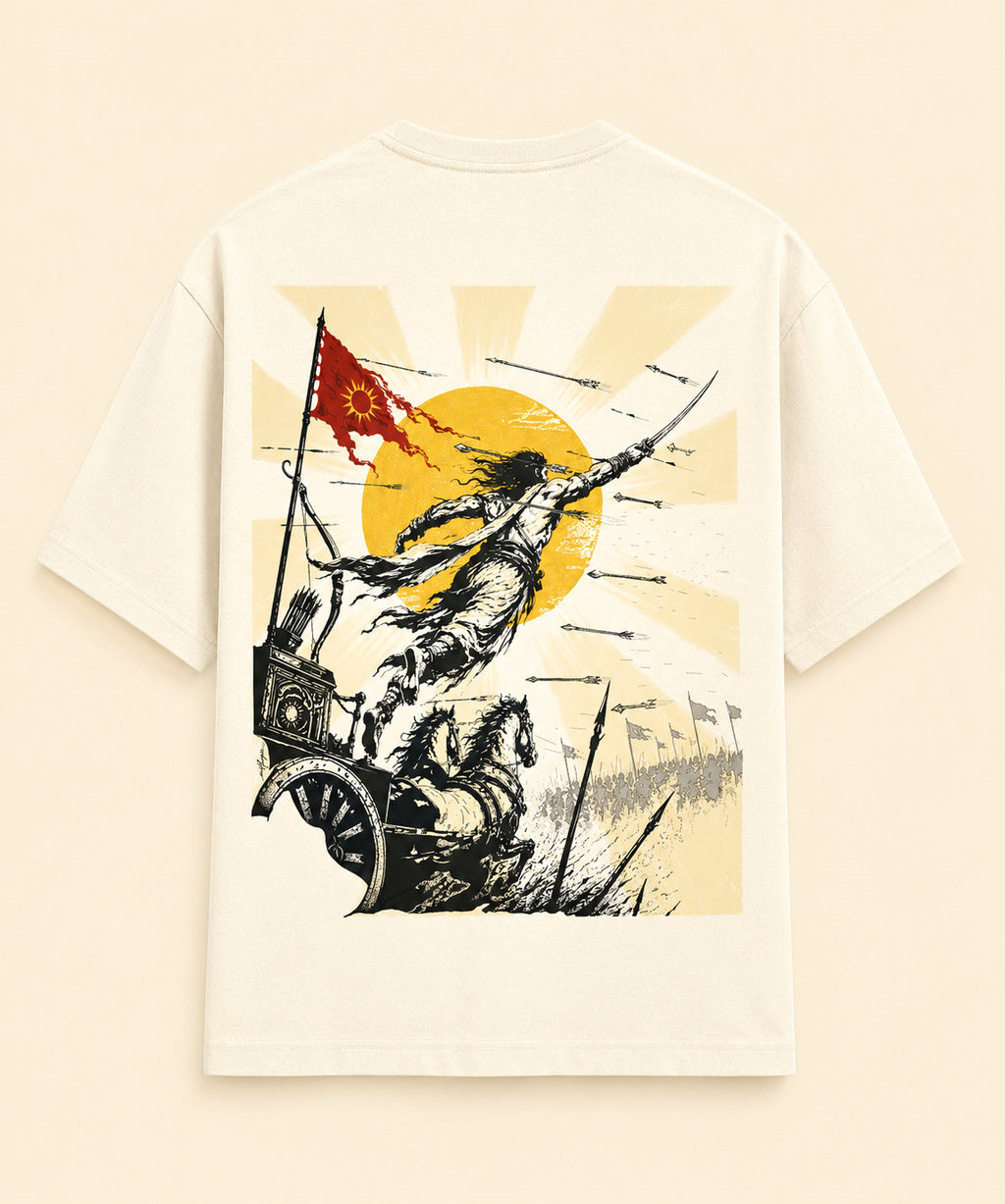 Back view of an off-white Karna graphic T-shirt featuring a Mahabharata-inspired illustration of Karna leaping from a chariot beneath a rising sun.