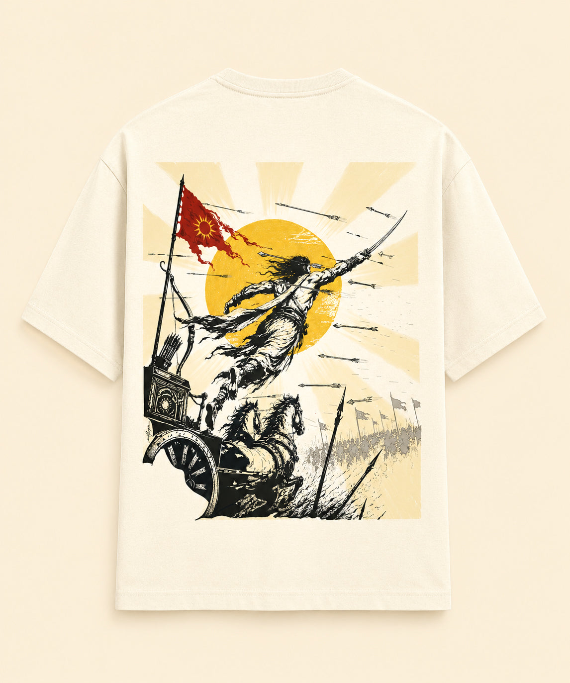 Back view of an off-white Karna graphic T-shirt featuring a Mahabharata-inspired illustration of Karna leaping from a chariot beneath a rising sun.