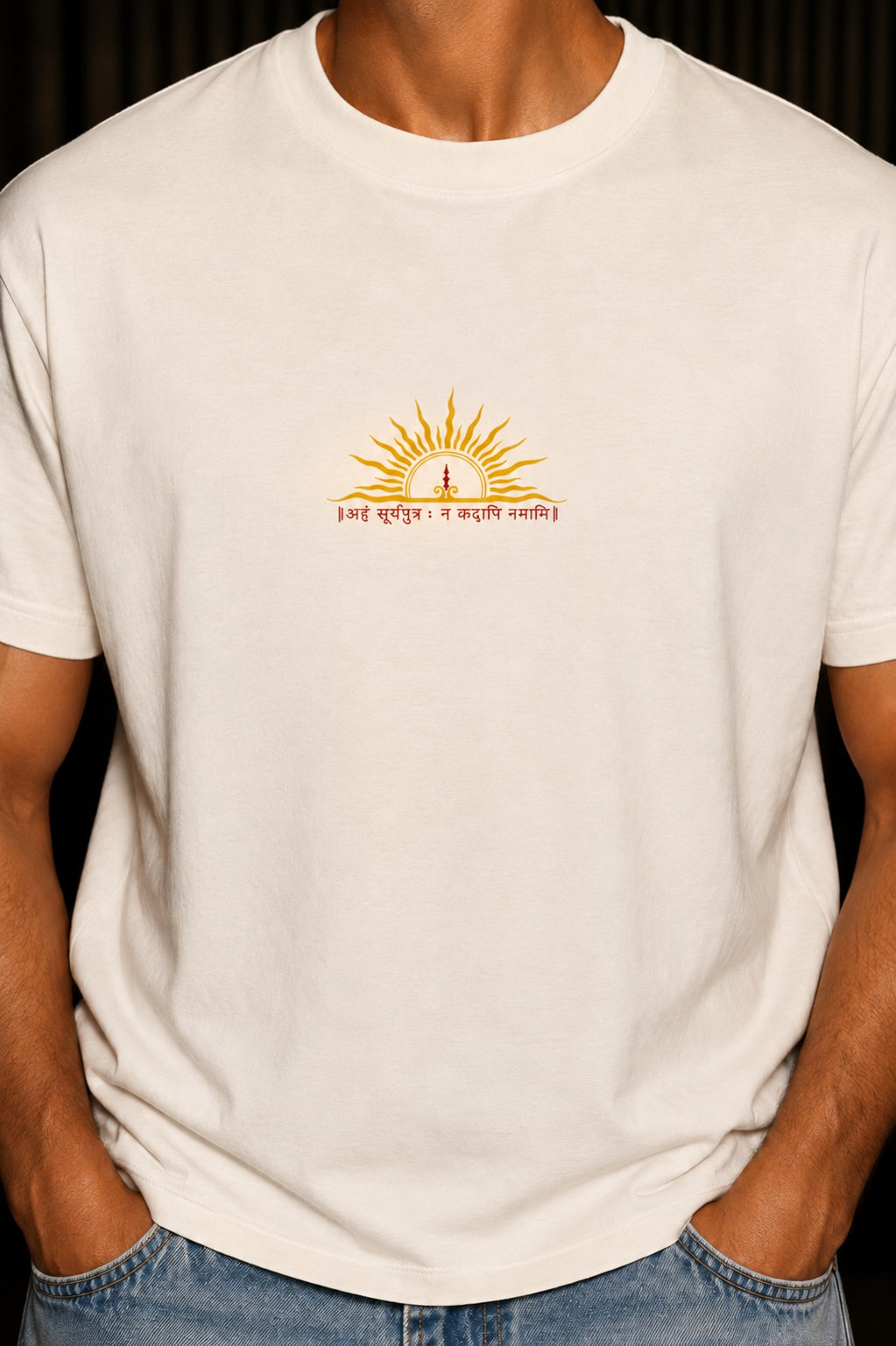 Front view of an off-white Karna graphic T-shirt featuring a minimalist rising sun emblem and Sanskrit inscription inspired by Indian mythology.