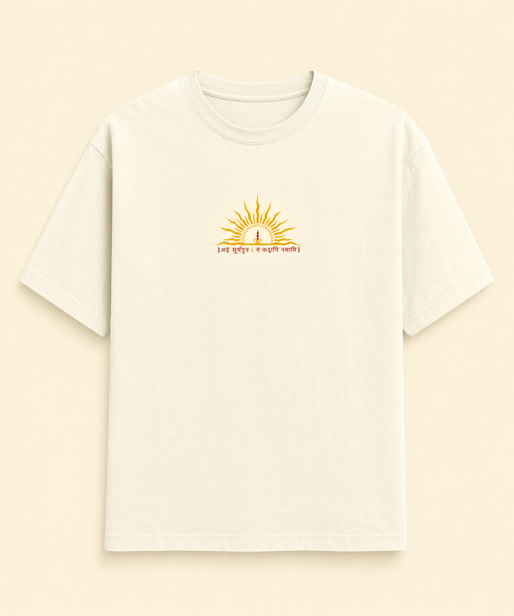 Front view of an off-white Karna graphic T-shirt featuring a minimalist rising sun emblem with a Sanskrit quote on the chest.